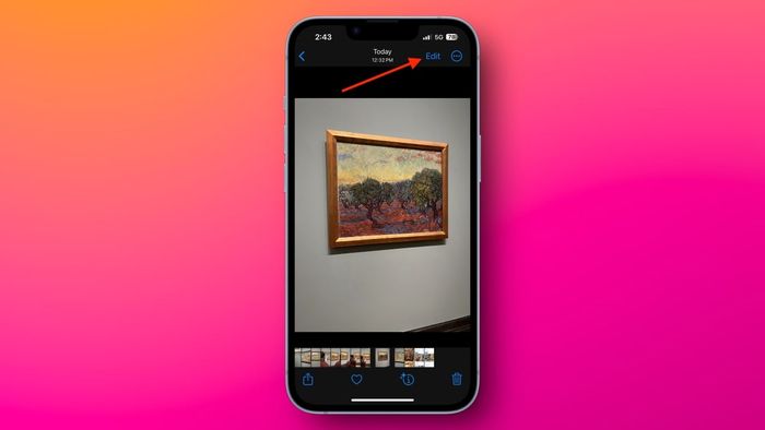 In iOS 17, the Edit button is located in the top-right corner of the Photos app, as indicated by an arrow.