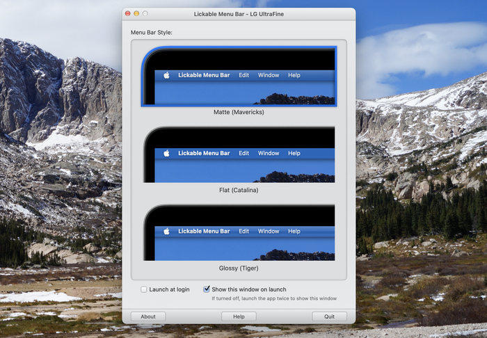A screenshot of the app displays three menu bar styles: Mavericks, Catalina, and Tiger. The app's interface itself is designed to evoke the look of a 2005-era Mac.