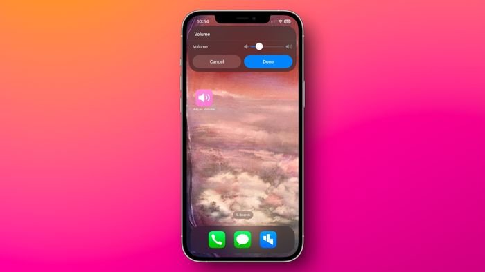 An iPhone home screen displaying the Adjust Volume shortcut in action. A pop-up window features a slider for volume adjustment.