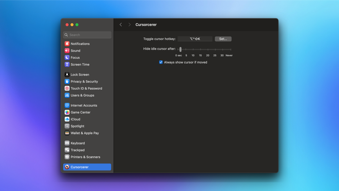 The configuration window provided by the Cursorcerer application on a Mac.