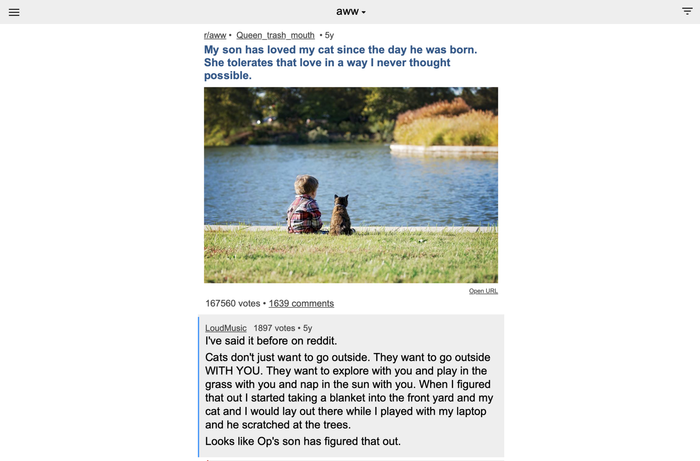 Another heartwarming Reddit post features a toddler and a cat enjoying the outdoors by a pond. One comment reads: