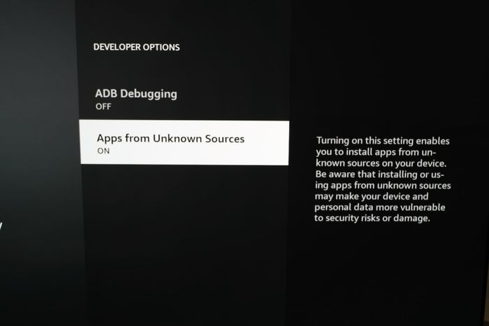 Activating the option to install apps from unknown sources on Amazon Fire TV Stick.