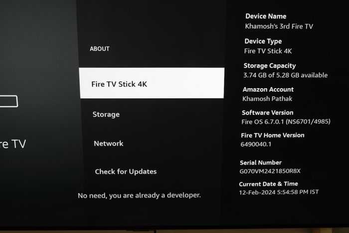 Fire TV Stick notifying the user that developer mode has been activated.