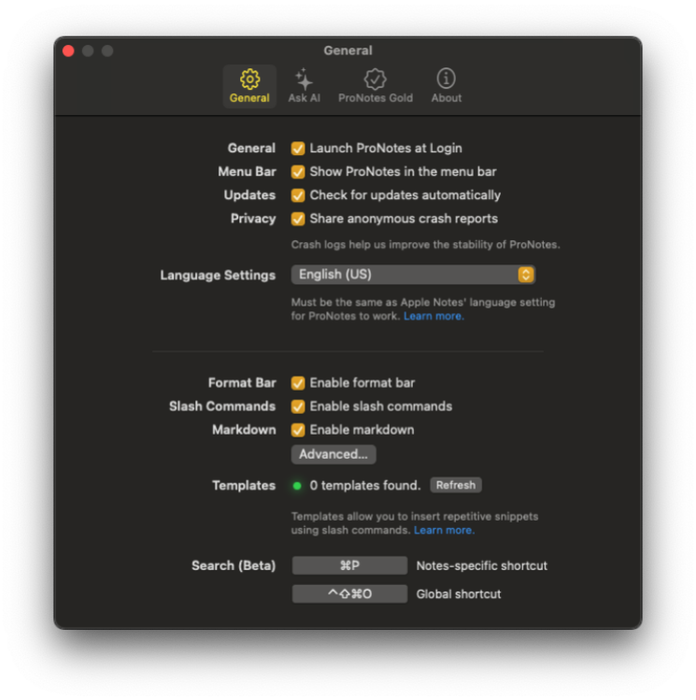 The settings menu for ProNotes.