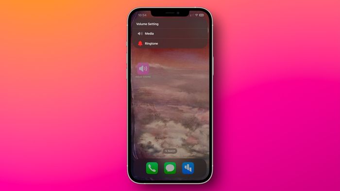 A screenshot of an iPhone home screen displaying the Adjust Volume shortcut in action. A pop-up menu presents two distinct options: Media and Ringtone.