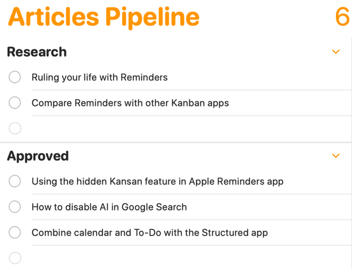 Set up section headings and populate the list with tasks.
