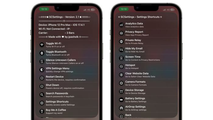 Two images displaying SCSettings, featuring a variety of iPhone settings toggles in a pop-up menu on the device's home screen.