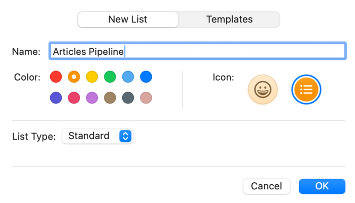 Setting up a new list in the Reminders app for Mac.