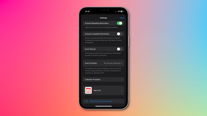 An iPhone screenshot displaying ReminderCal’s settings interface.
