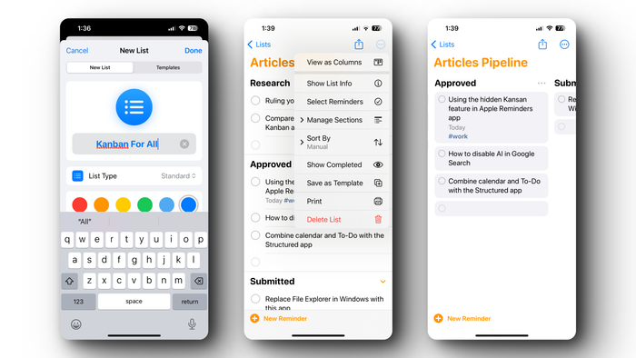 Building a Kanban board in Apple Reminders on iPhone.