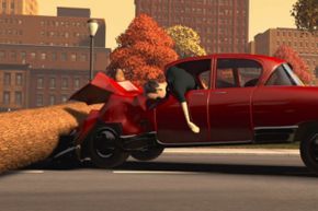 The car comes to a halt, but the criminals inside continue flying forward.