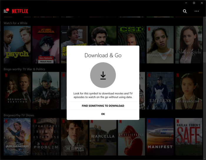 A screenshot of Netflix for Windows displaying a pop-up notification about the Downloads feature.