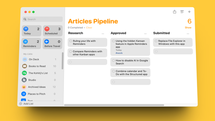Experience the Kanban view within the Apple Reminders application for Mac.