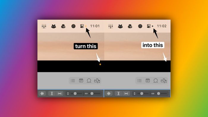 Several screenshots of the Mac's menu bar highlight a yellow dot, signifying microphone activity. Arrows and captions illustrate the transformation from a yellow dot to a black dot, emphasizing the change.