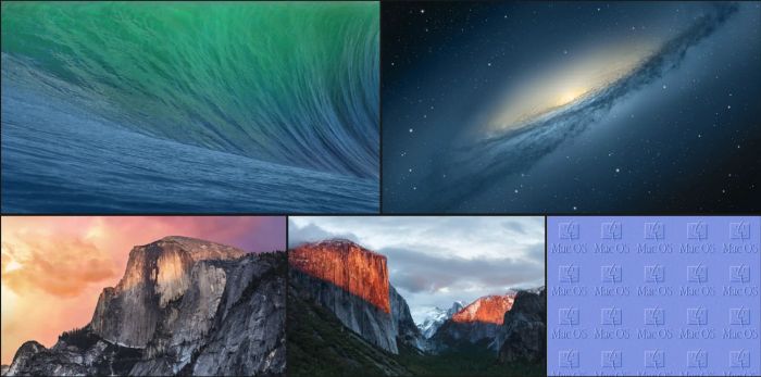 A screenshot showcasing five wallpapers that were included with earlier versions of Mac OS.