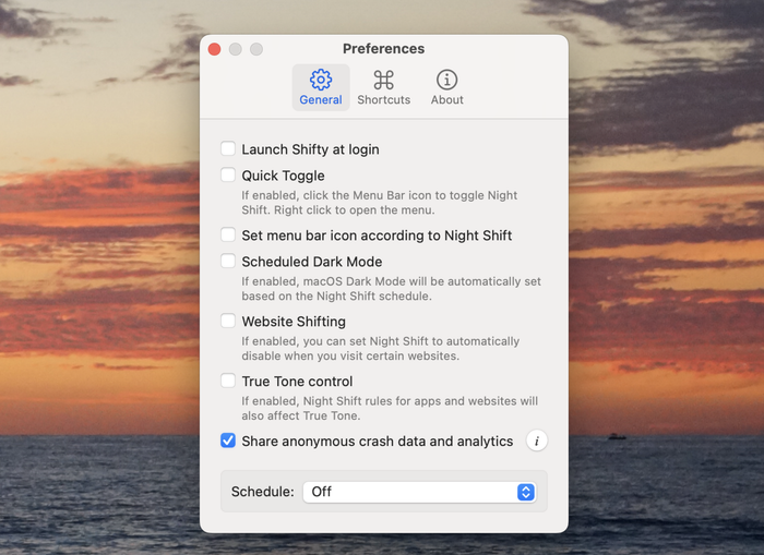 The configuration panel for Night Shift settings.