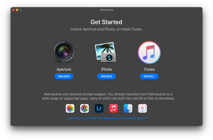 A screenshot of the Retroactive app on Mac, displaying three options: Unlock Aperture, Unlock iPhoto, and Install iTunes.