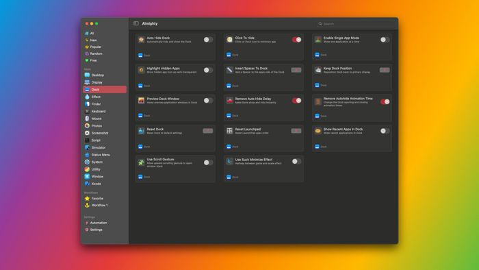 The Dock section in Almighty displays all its tweaks organized neatly into three columns.