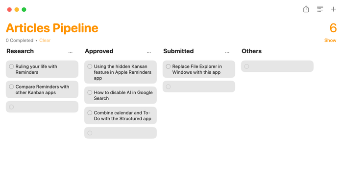 Viewing tasks in Kanban layout within the Reminders app on Mac.