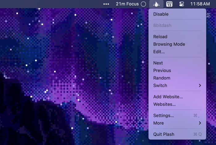 The menu bar icon for Plash, which lets you customize the application.