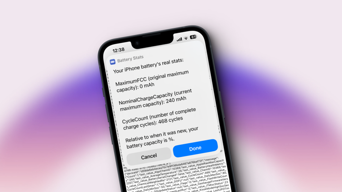 A shortcut on the iPhone displaying detailed battery statistics, including the cycle count.