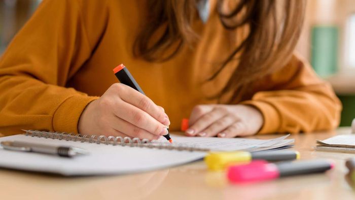A student reviewing notes in a notebook, emphasizing crucial details with highlights