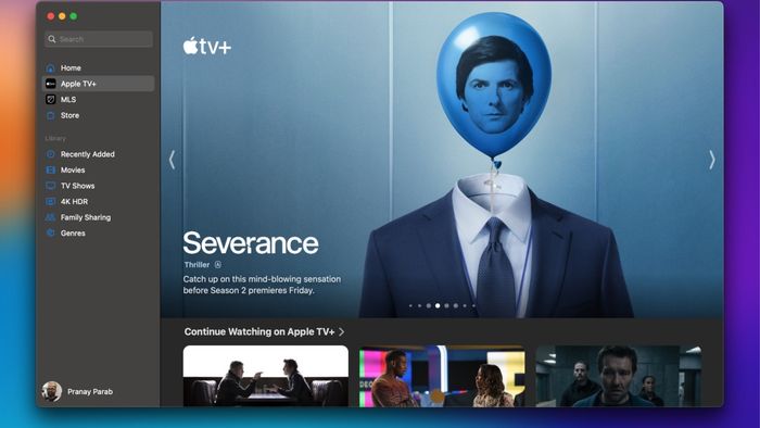 Apple TV+ displayed on a Mac, featuring 'Severance' as the prominent show in the application's interface.