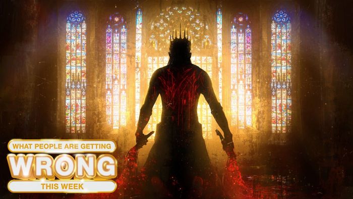 A dark, ominous figure stands in the center of a grand Gothic cathedral