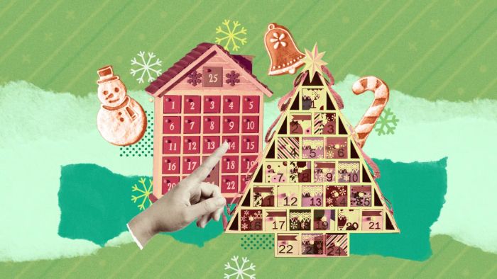 A festive illustration showcasing various Christmas advent calendars