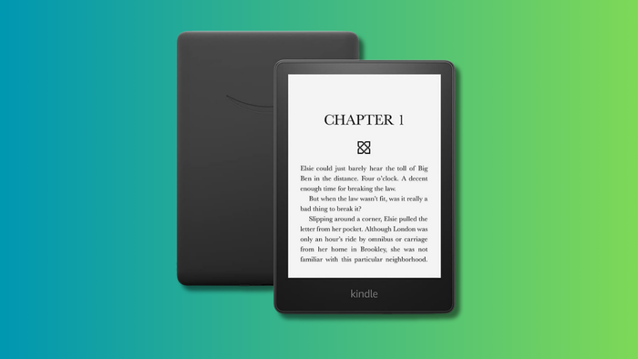 A teal and green background featuring the Amazon Kindle Paperwhite.