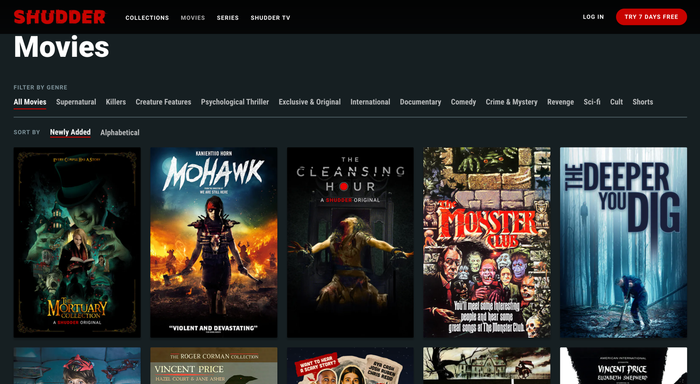 An image of Shudder's homepage