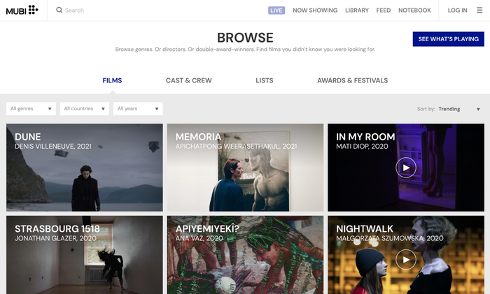 An image of MUBI's homepage