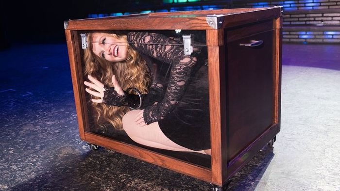Hannah Lynne Wagster confined inside a magic box