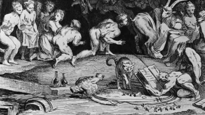 An engraving by Claude Gillot showing a Devil's Sabbath, created around 1700.
