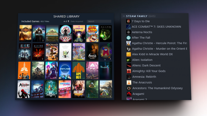 An image displaying the Steam Families interface, highlighting the shared game library