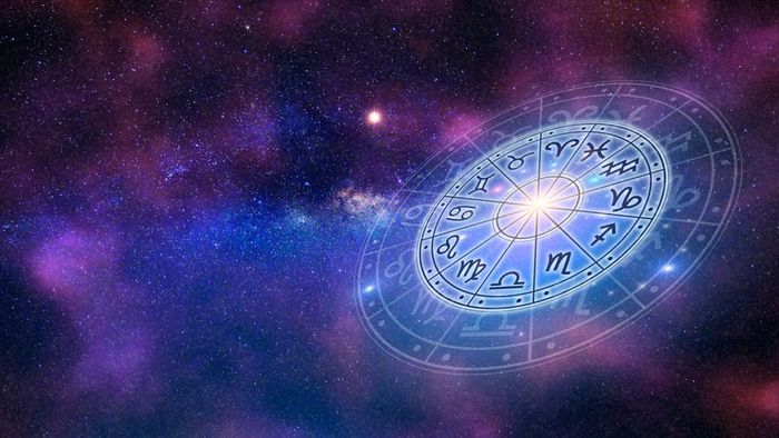 A circular horoscope illustration featuring zodiac signs.