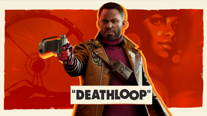 The protagonist of Deathloop wielding a firearm, with the game's title prominently displayed.