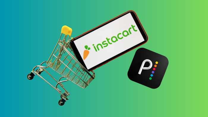 A grocery cart on a vibrant teal and green gradient background, with the Instacart and Peacock logos bursting out of it.