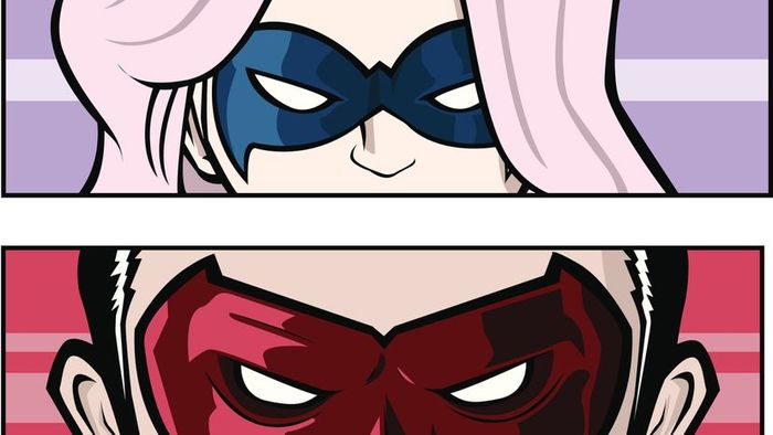 An artistic depiction of two caped crusaders concealing their true faces.
