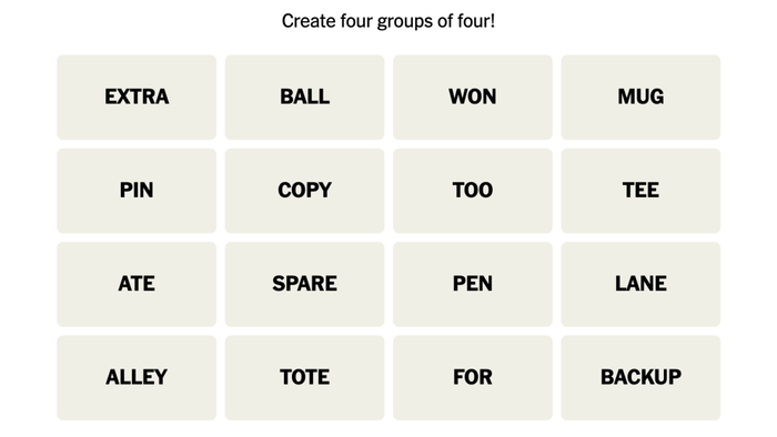 Connections puzzle for September 20, 2023, includes these words: EXTRA, BALL, WON, MUG, PIN, COPY, TOO, TEE, ATE, SPARE, PEN, LANE, ALLEY, TOTE, FOR, BACKUP