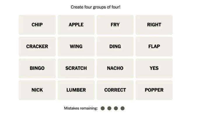 Connections puzzle #81 (spoiler-free): CHIP, APPLE, FRY, RIGHT, CRACKER, WING, DING, FLAP, BINGO, SCRATCH, NACHO, YES, NICK, LUMBER, CORRECT, POPPER
