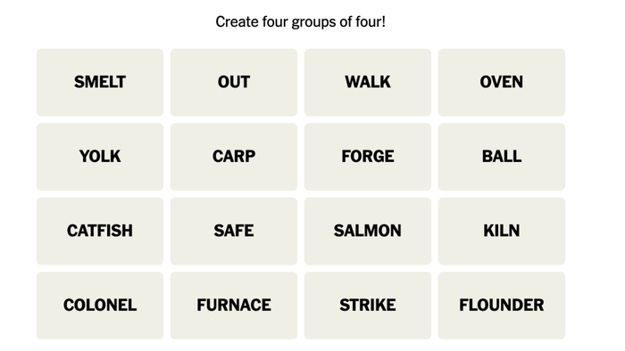Connections puzzle for September 9, 2023, featuring words like SMELT, OUT, WALK, OVEN, YOLK, CARP, FORGE, BALL, CATFISH, SAFE, SALMON, KILN, COLONEL, FURNACE, STRIKE, and FLOUNDER.