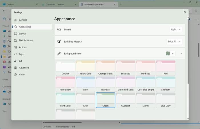 Customization options in the Files app.