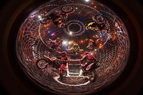 The Torres Family performs with eight motorcycles inside a 16-foot steel sphere, reaching speeds of up to 65 miles per hour.