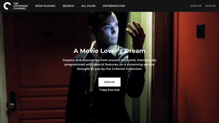 A snapshot of The Criterion Channel's homepage showcasing Jude Law from the film AI, accompanied by the tagline