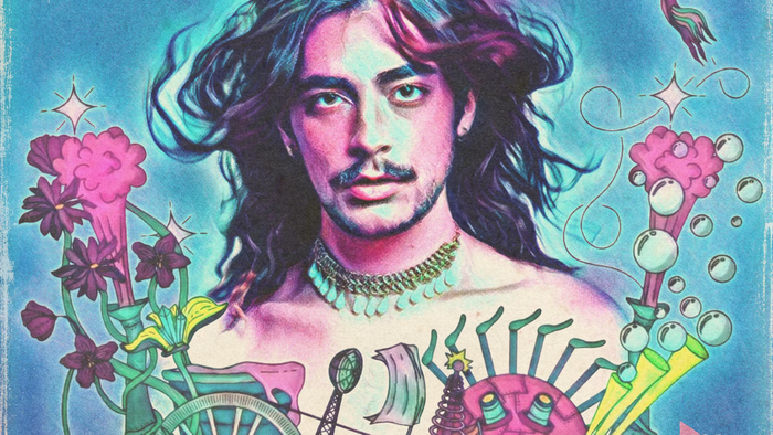An artistic depiction of Ghosthoney’s Dream Machine podcast logo showcasing a shirtless, long-haired man enveloped by bizarre vehicles and surreal plant life