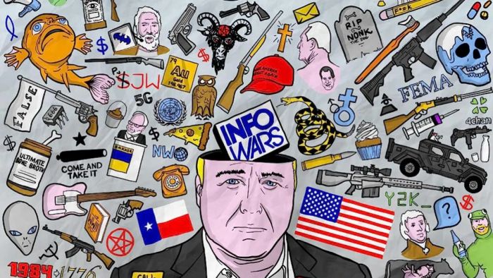 Knowledge Fight podcast logo featuring a collage of cartoon icons representing various conspiracy theories