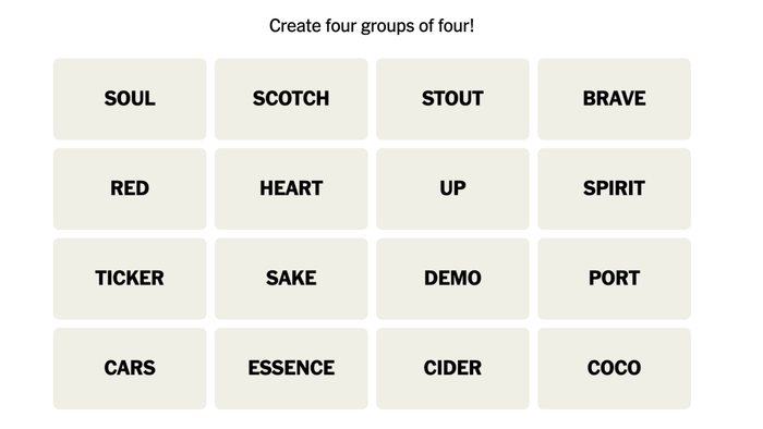 Connections puzzle board for September 8, 2023, featuring words like SOUL, SCOTCH, STOUT, BRAVE, RED, HEART, UP, SPIRIT, TICKER, SAKE, DEMO, PORT, CARS, ESSENCE, CIDER, and COCO.