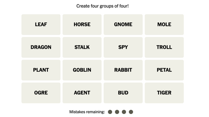 Connections puzzle for September 6, 2023, featuring: LEAF, HORSE, GNOME, MOLE, DRAGON, STALK, SPY, TROLL, PLANT, GOBLIN, RABBIT, PETAL, OGRE, AGENT, BUD, TIGER