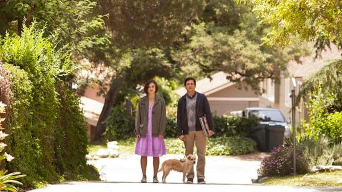 Keira Knightley, Steve Carell, and Aleister the shelter dog in 'Seeking a Friend for the End of the World'